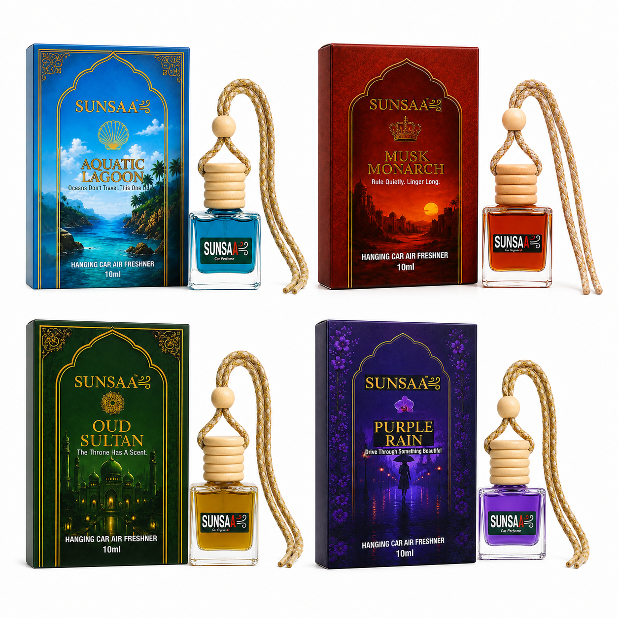 SUNSAA pack of 4 hanging car perfume combo – Oud Sultan, Musk Monarch, Purple Rain and Aquatic Lagoon 10ml bottles with boxes