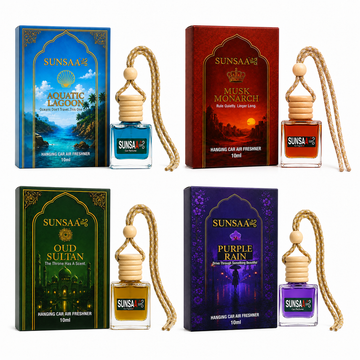 SUNSAA pack of 4 hanging car perfume combo – Oud Sultan, Musk Monarch, Purple Rain and Aquatic Lagoon 10ml bottles with boxes