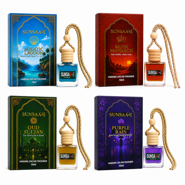 SUNSAA pack of 4 hanging car perfume combo – Oud Sultan, Musk Monarch, Purple Rain and Aquatic Lagoon 10ml bottles with boxes